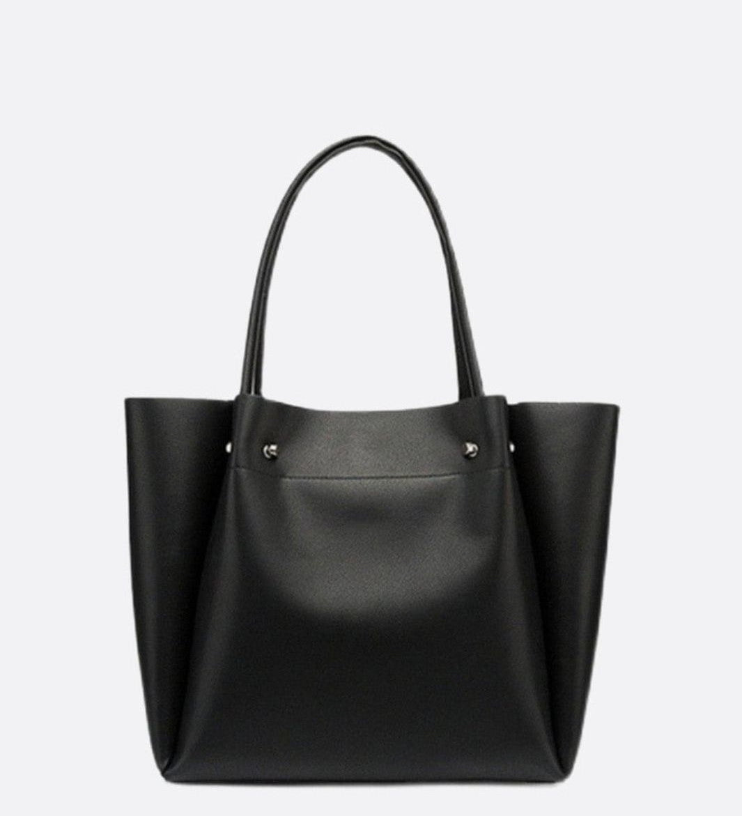 Minimalist Leather Tote Handbag with Open Top Design - in Black | Arvea Bags