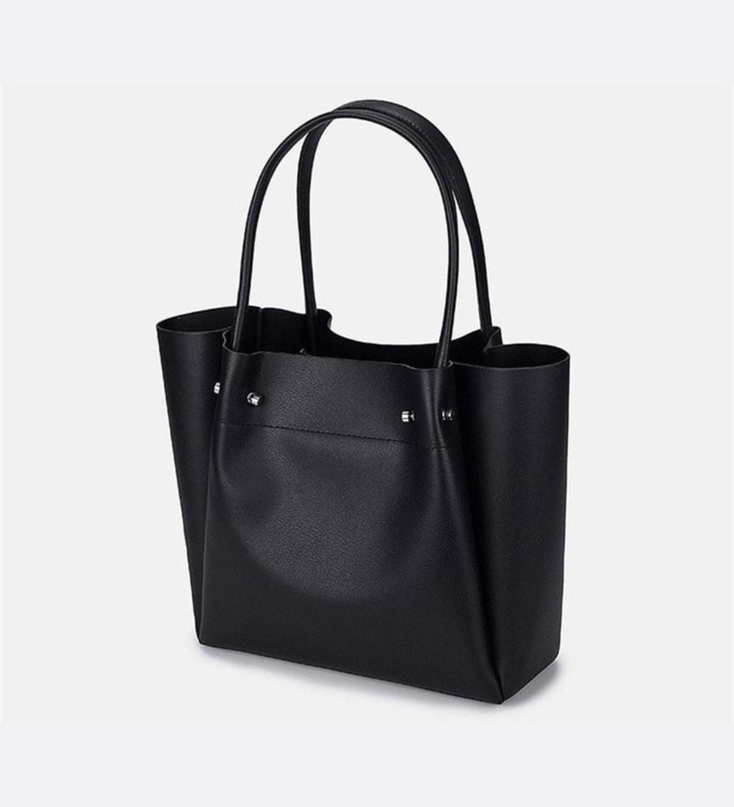 Minimalist Leather Tote Handbag with Open Top Design - in Black | Arvea Bags