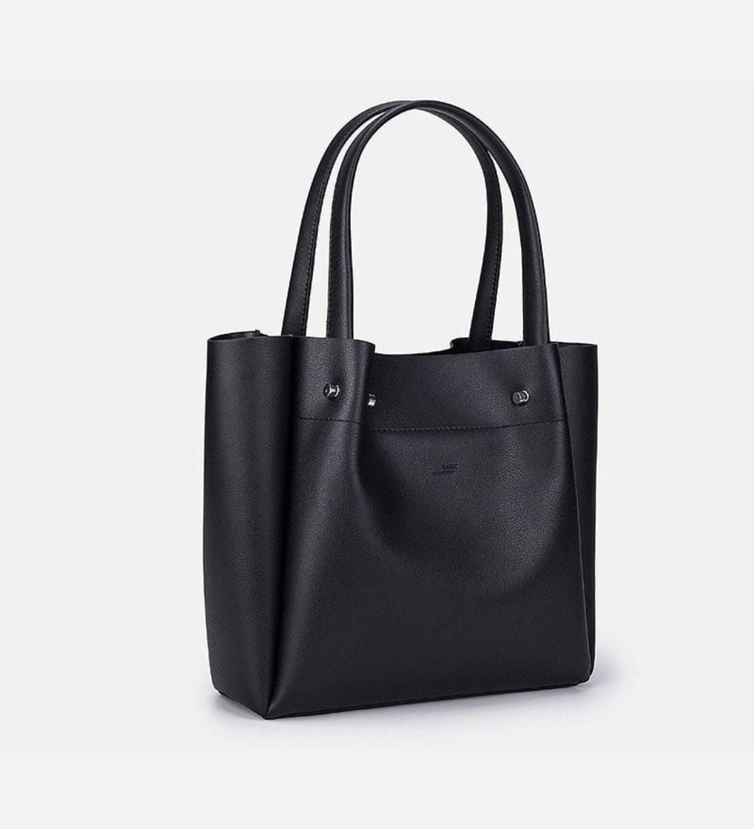 Minimalist Leather Tote Handbag with Open Top Design - in Black | Arvea Bags