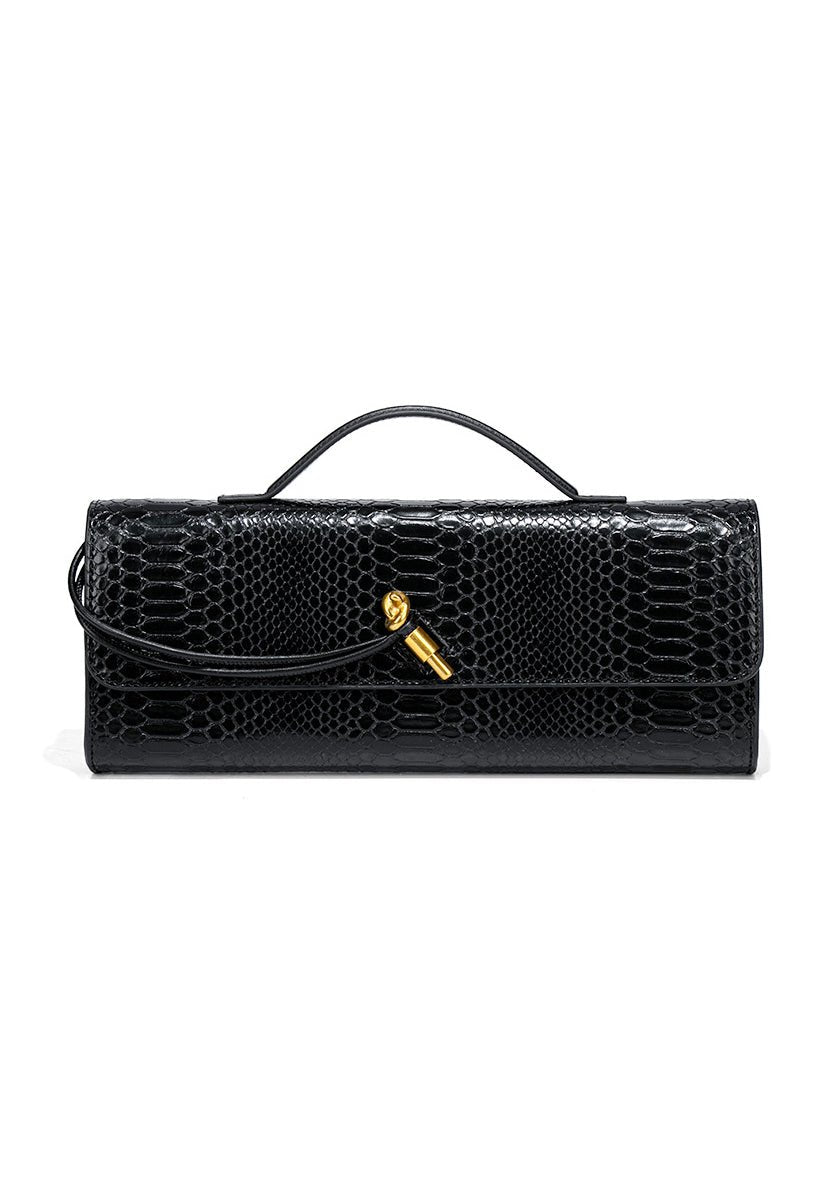 Mira | Snake - Embossed Vegan Leather Clutch – Top Handle & Gold Twist Lock - in Black | Arvea Bags