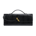 Mira | Snake - Embossed Vegan Leather Clutch – Top Handle & Gold Twist Lock - in Black | Arvea Bags