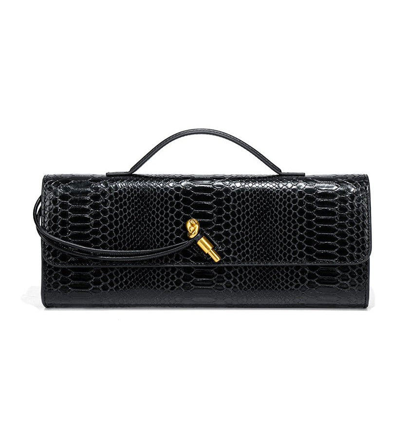 Mira | Snake - Embossed Vegan Leather Clutch – Top Handle & Gold Twist Lock - in Black | Arvea Bags