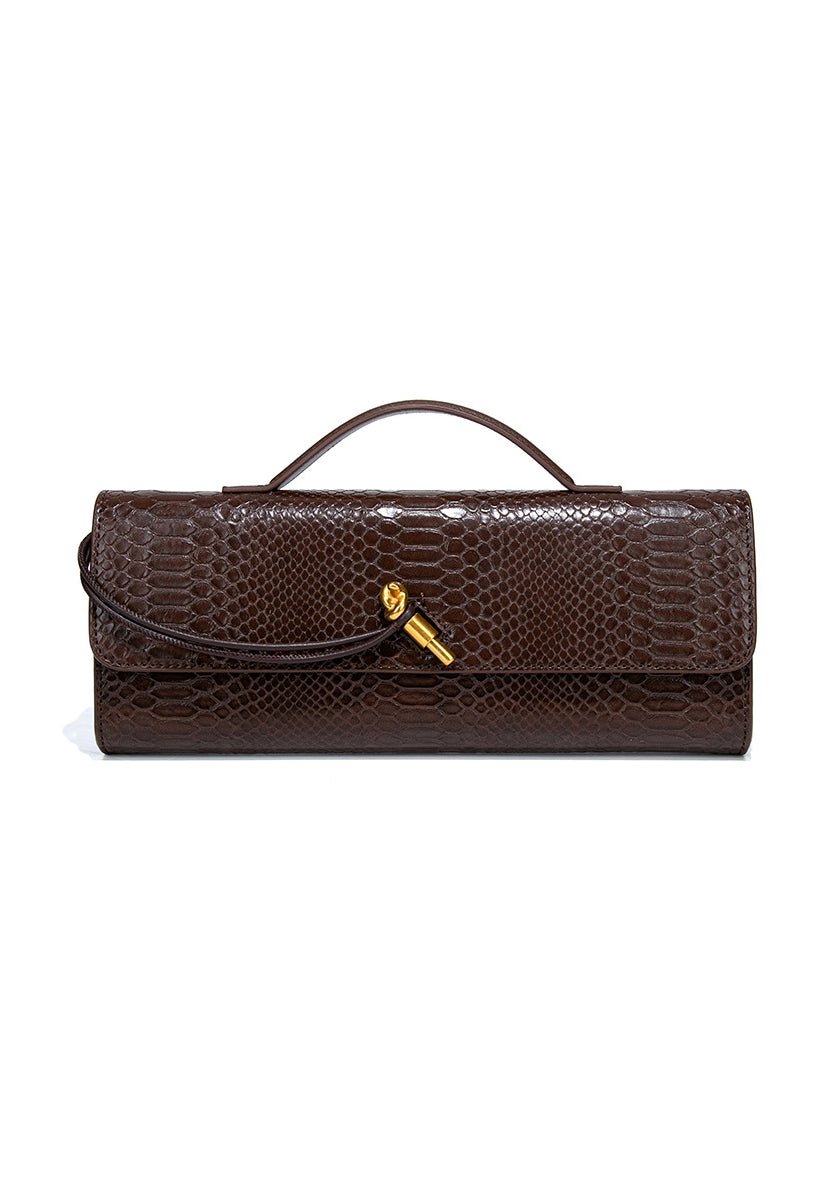 Mira | Snake - Embossed Vegan Leather Clutch – Top Handle & Gold Twist Lock - in Dark Brown | Arvea Bags