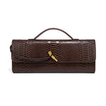 Mira | Snake - Embossed Vegan Leather Clutch – Top Handle & Gold Twist Lock - in Dark Brown | Arvea Bags