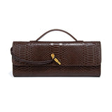 Mira | Snake - Embossed Vegan Leather Clutch – Top Handle & Gold Twist Lock - in Dark Brown | Arvea Bags