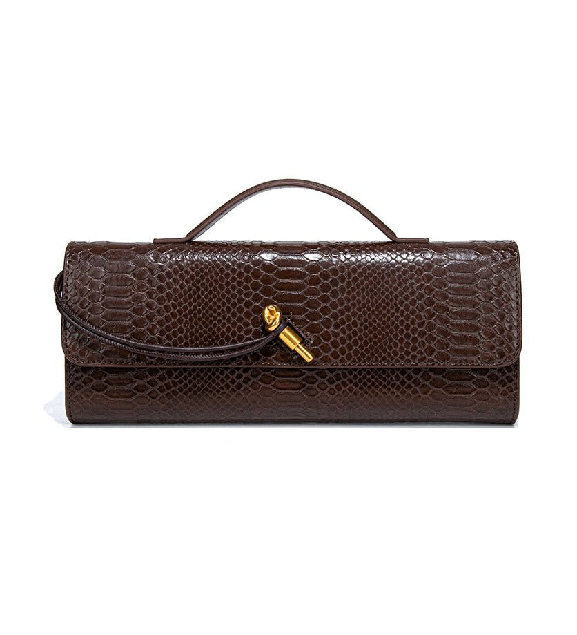 Mira | Snake - Embossed Vegan Leather Clutch – Top Handle & Gold Twist Lock - in Dark Brown | Arvea Bags