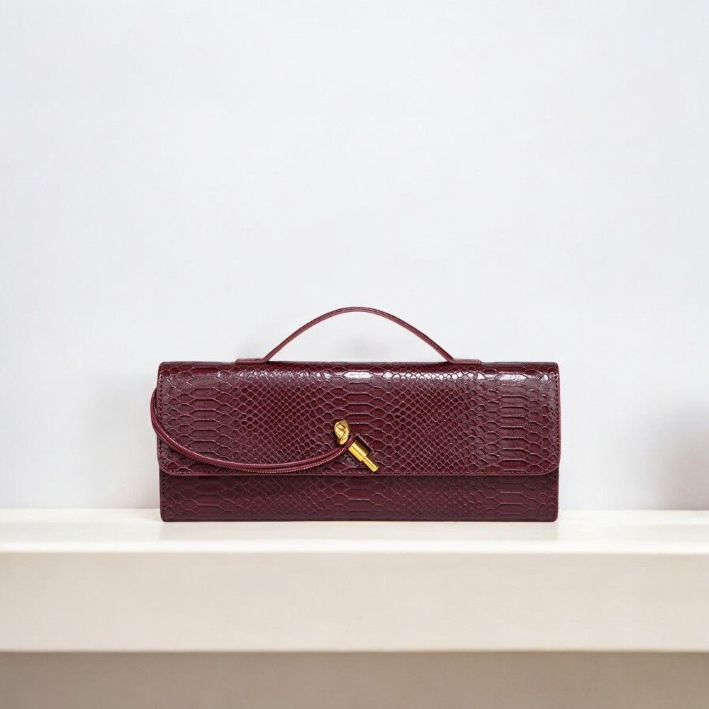 Mira | Snake - Embossed Vegan Leather Clutch – Top Handle & Gold Twist Lock - in Wine Red | Arvea Bags