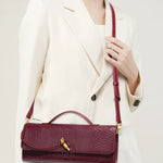 Mira | Snake - Embossed Vegan Leather Clutch – Top Handle & Gold Twist Lock - in Wine Red | Arvea Bags