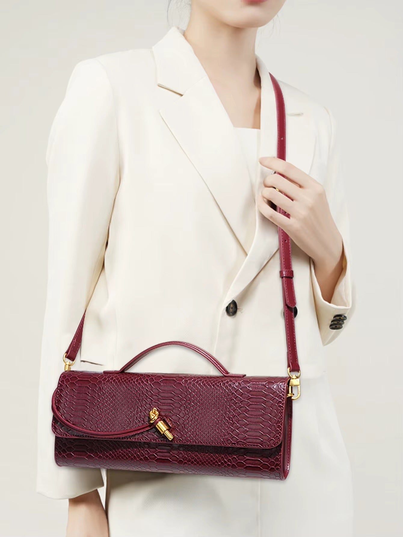 Mira | Snake - Embossed Vegan Leather Clutch – Top Handle & Gold Twist Lock - in Wine Red | Arvea Bags