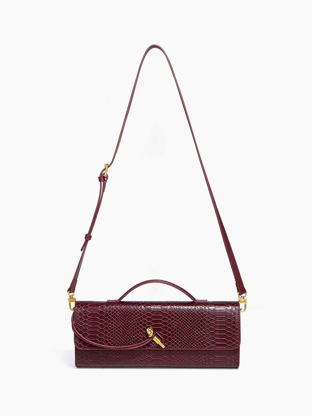 Mira | Snake - Embossed Vegan Leather Clutch – Top Handle & Gold Twist Lock - in Wine Red | Arvea Bags