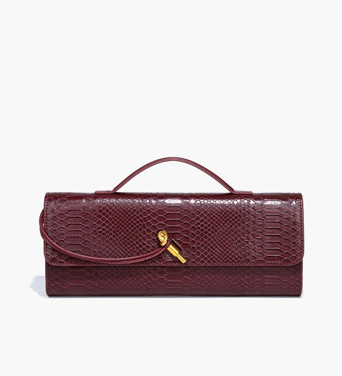 Mira | Snake - Embossed Vegan Leather Clutch – Top Handle & Gold Twist Lock - in Wine Red | Arvea Bags
