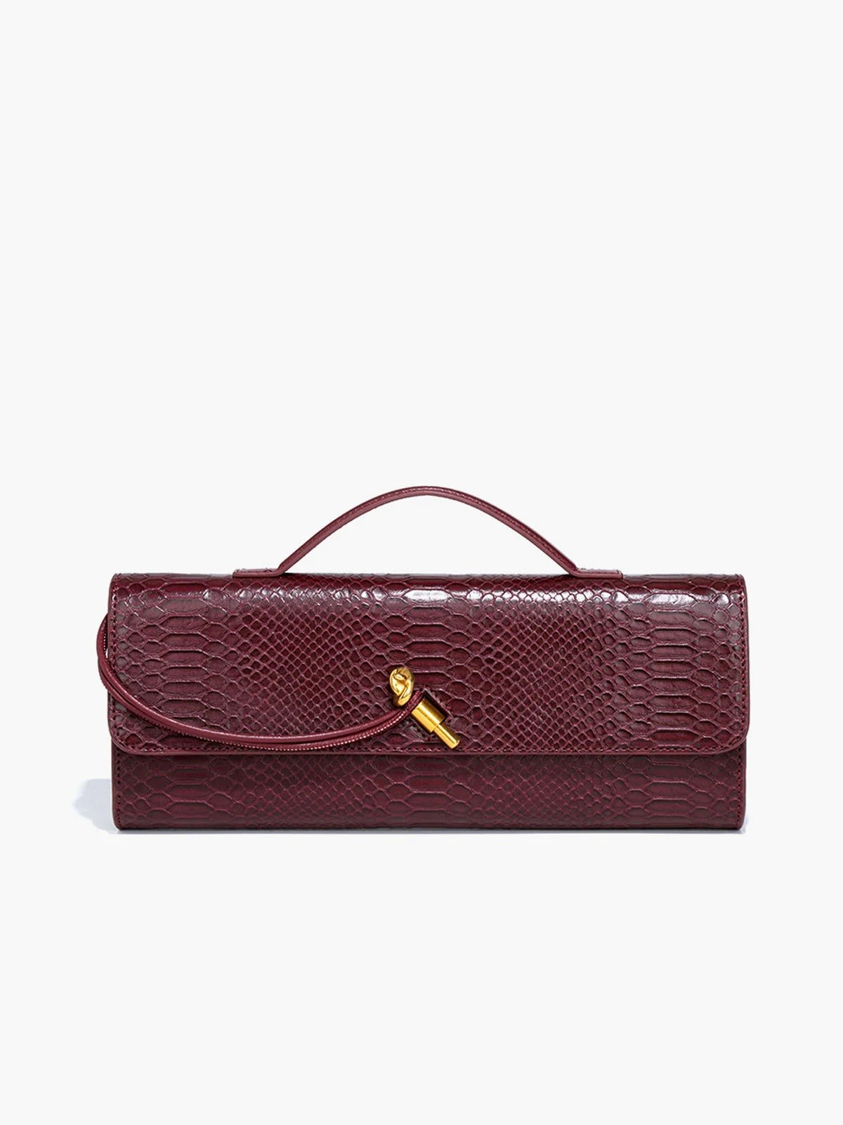 Mira | Snake - Embossed Vegan Leather Clutch – Top Handle & Gold Twist Lock - in Wine Red | Arvea Bags