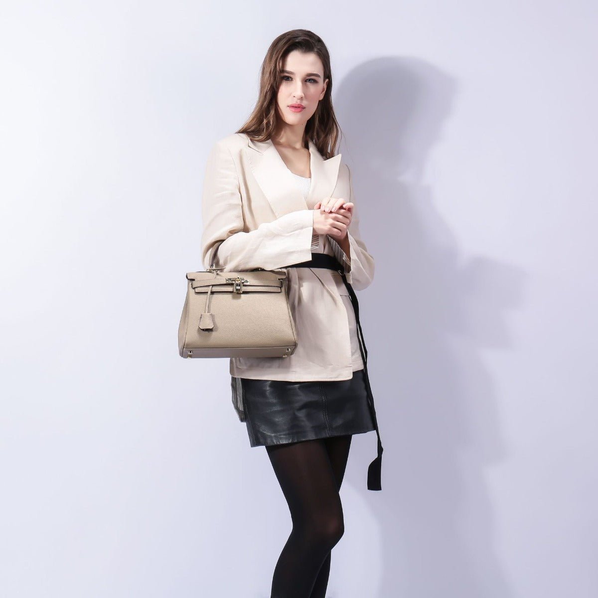 Mireza | Taupe Textured Leather Handbag – Elegant & Versatile - in Taupe | Arvea Bags