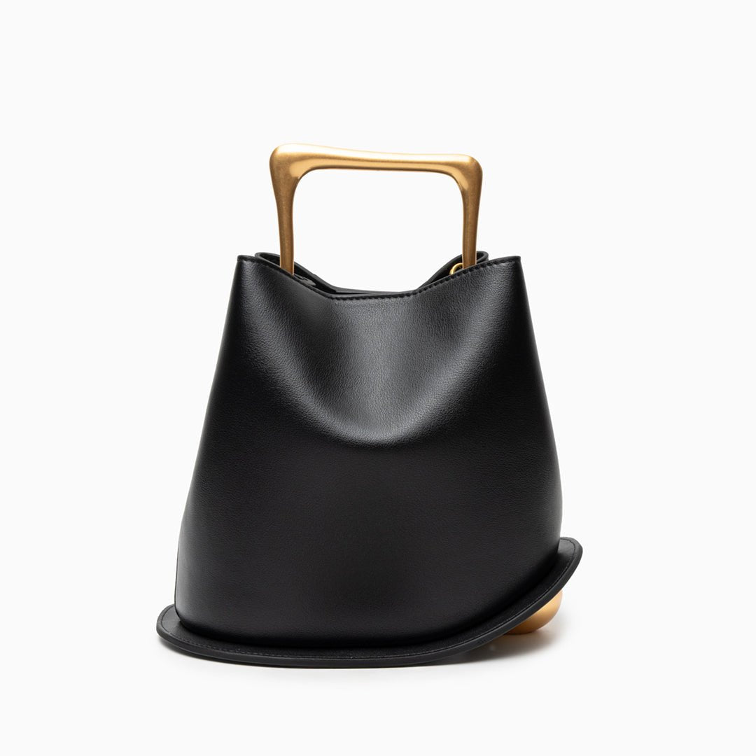 Modern Sculptural Leather Handbag – Minimalist Design with Gold Handle - in Black | Arvea Bags