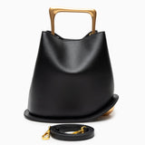 Modern Sculptural Leather Handbag – Minimalist Design with Gold Handle - in Black | Arvea Bags