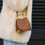 Modern Sculptural Leather Handbag – Minimalist Design with Gold Handle - in Caramel | Arvea Bags