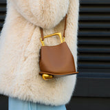 Modern Sculptural Leather Handbag – Minimalist Design with Gold Handle - in Caramel | Arvea Bags