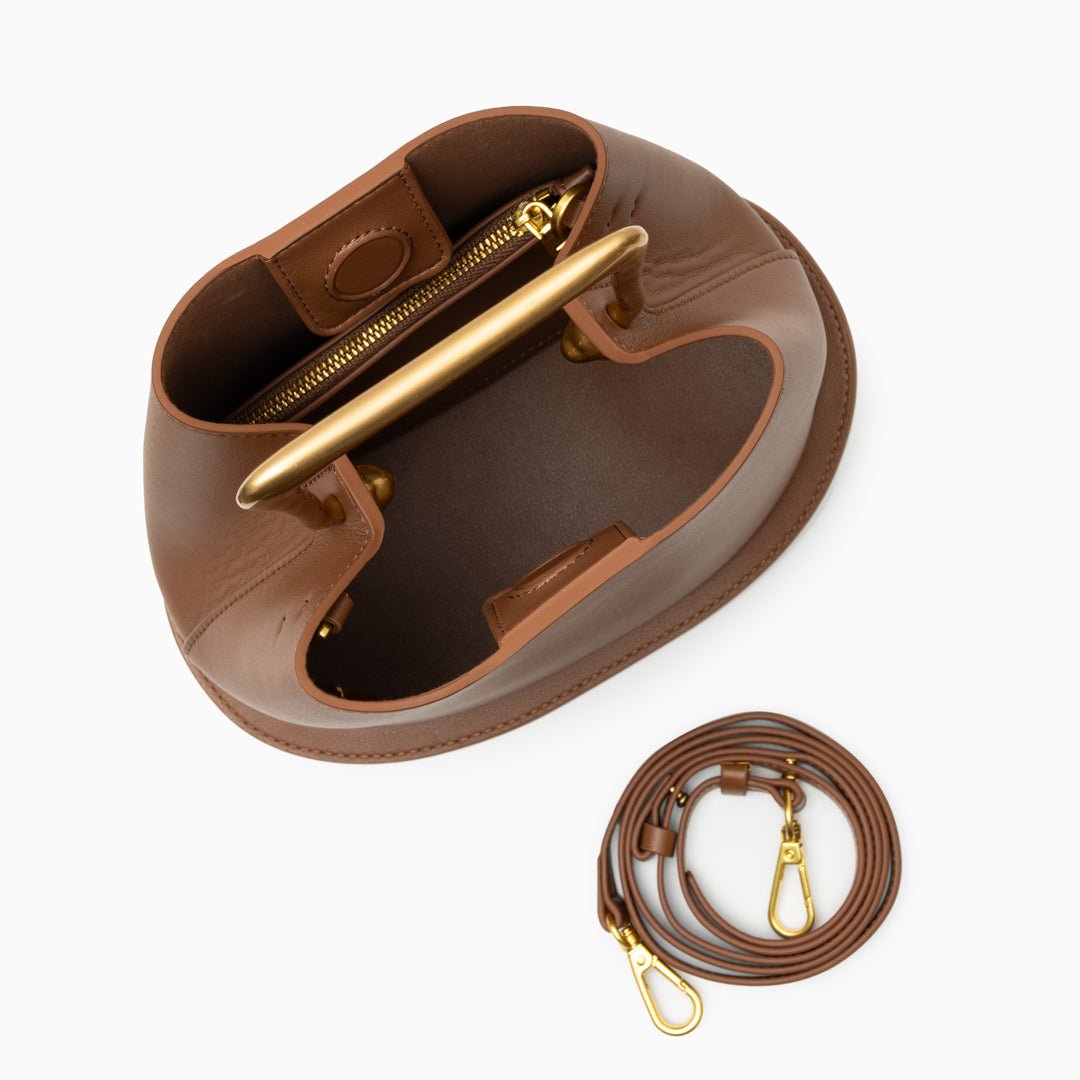 Modern Sculptural Leather Handbag – Minimalist Design with Gold Handle - in Caramel | Arvea Bags