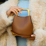 Modern Sculptural Leather Handbag – Minimalist Design with Gold Handle - in Caramel | Arvea Bags
