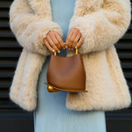 Modern Sculptural Leather Handbag – Minimalist Design with Gold Handle - in Caramel | Arvea Bags