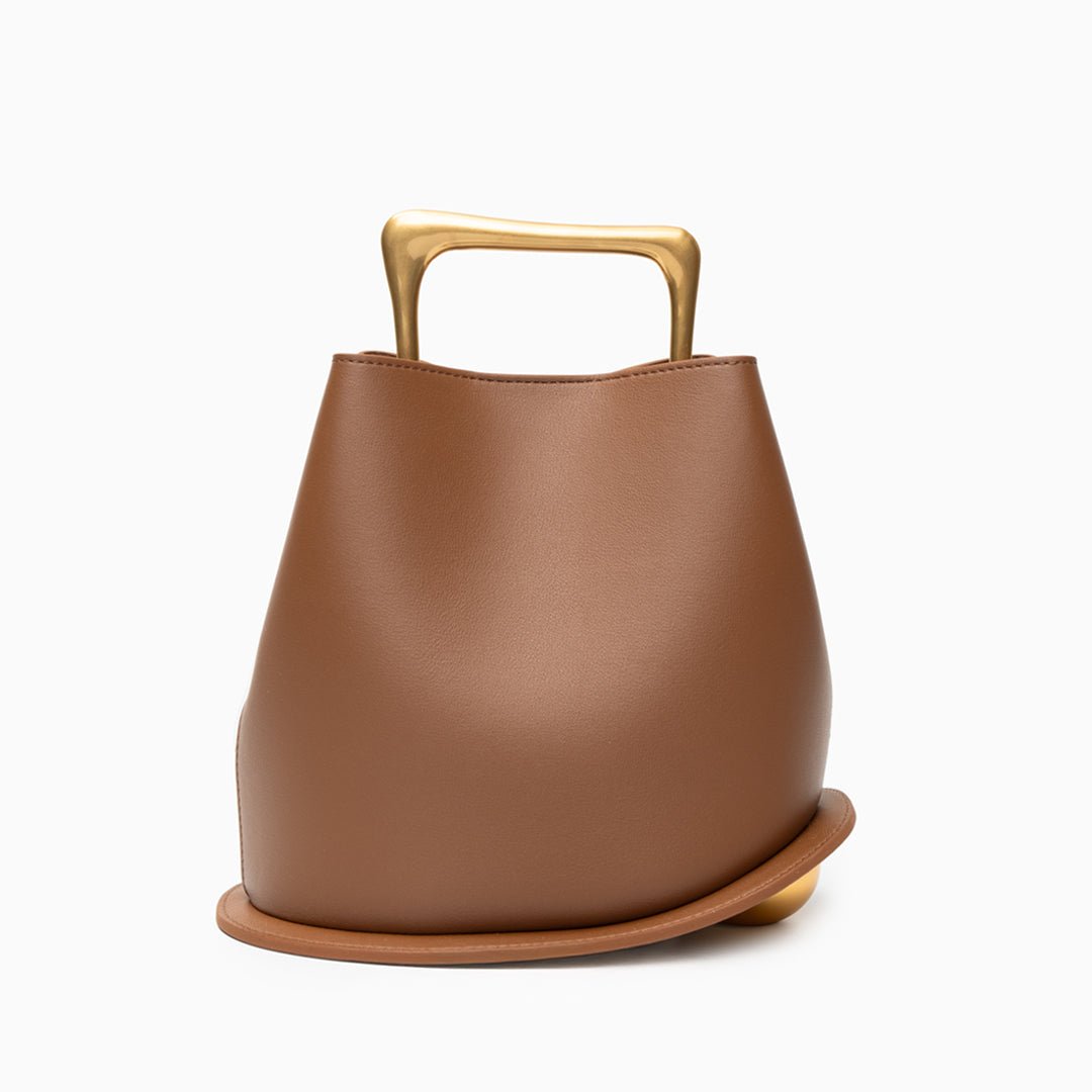 Modern Sculptural Leather Handbag – Minimalist Design with Gold Handle - in Caramel | Arvea Bags