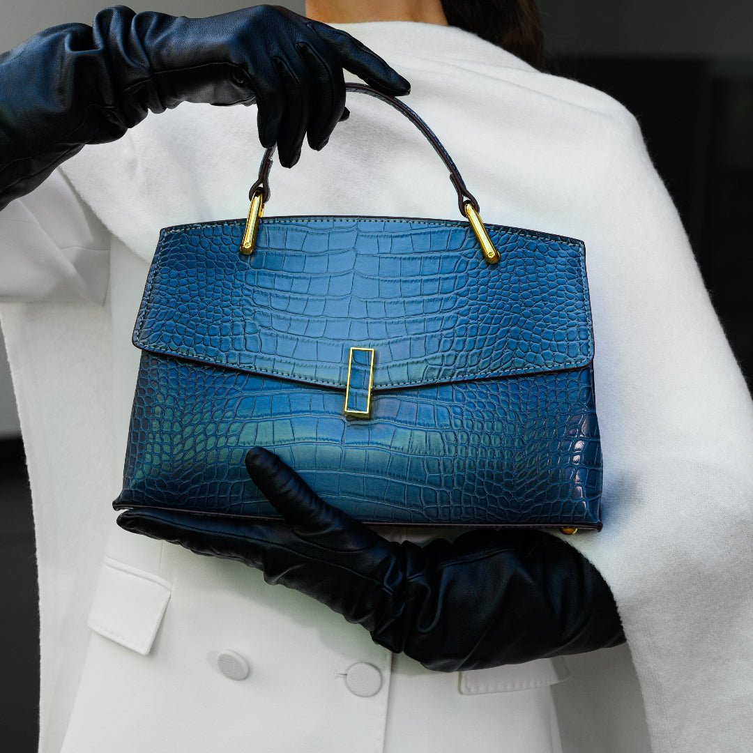 Monaco Croc - Embossed Top Handle Bag – Luxury Structured Satchel for Women - in Blue | Arvea Bags