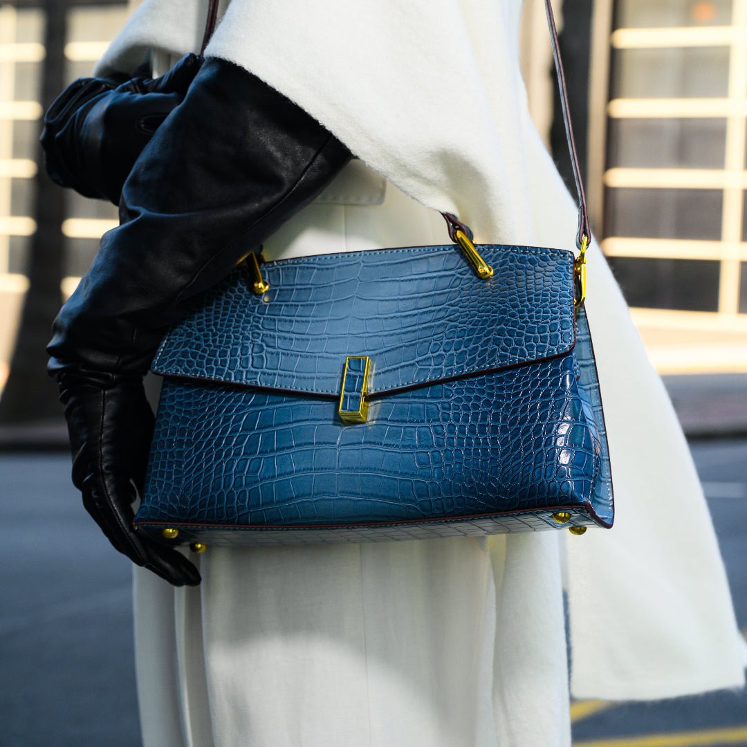 Monaco Croc - Embossed Top Handle Bag – Luxury Structured Satchel for Women - in Blue | Arvea Bags
