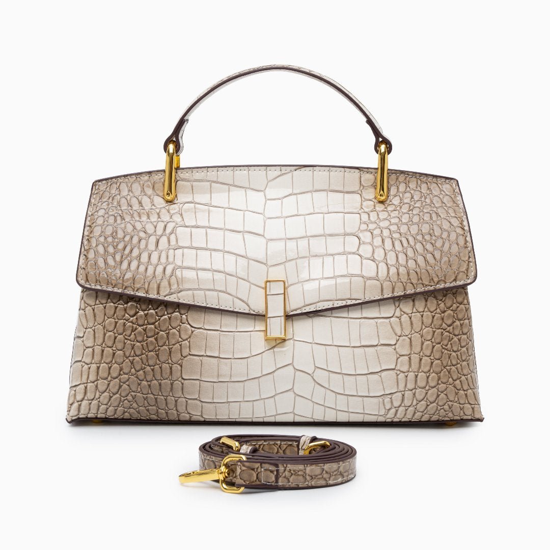 Monaco Croc - Embossed Top Handle Bag – Luxury Structured Satchel for Women - in Light Beige | Arvea Bags