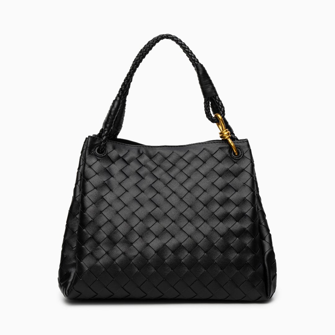 Monaco Woven Tote Bag with Braided Handle and Gold Accent – Luxury Designer Handbag - in Black | Arvea Bags