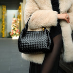 Monaco Woven Tote Bag with Braided Handle and Gold Accent – Luxury Designer Handbag - in Black | Arvea Bags