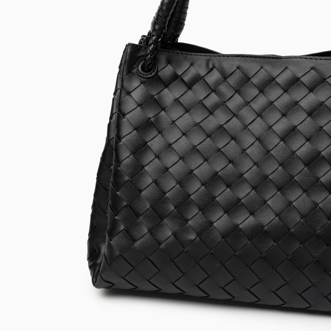 Monaco Woven Tote Bag with Braided Handle and Gold Accent – Luxury Designer Handbag - in Black | Arvea Bags