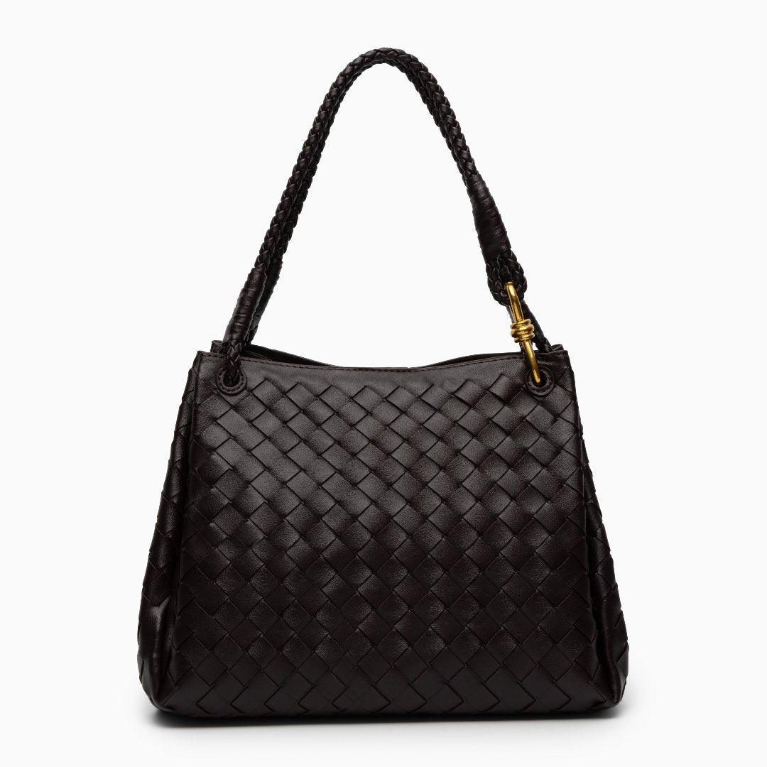 Monaco Woven Tote Bag with Braided Handle and Gold Accent – Luxury Designer Handbag - in Dark Brown | Arvea Bags