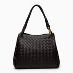 Monaco Woven Tote Bag with Braided Handle and Gold Accent – Luxury Designer Handbag - in Dark Brown | Arvea Bags