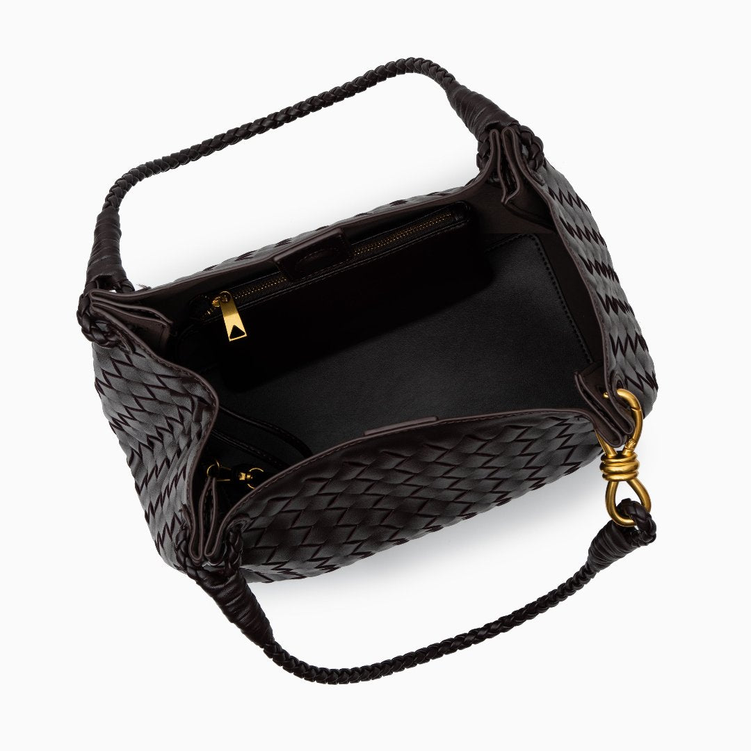Monaco Woven Tote Bag with Braided Handle and Gold Accent – Luxury Designer Handbag - in Dark Brown | Arvea Bags