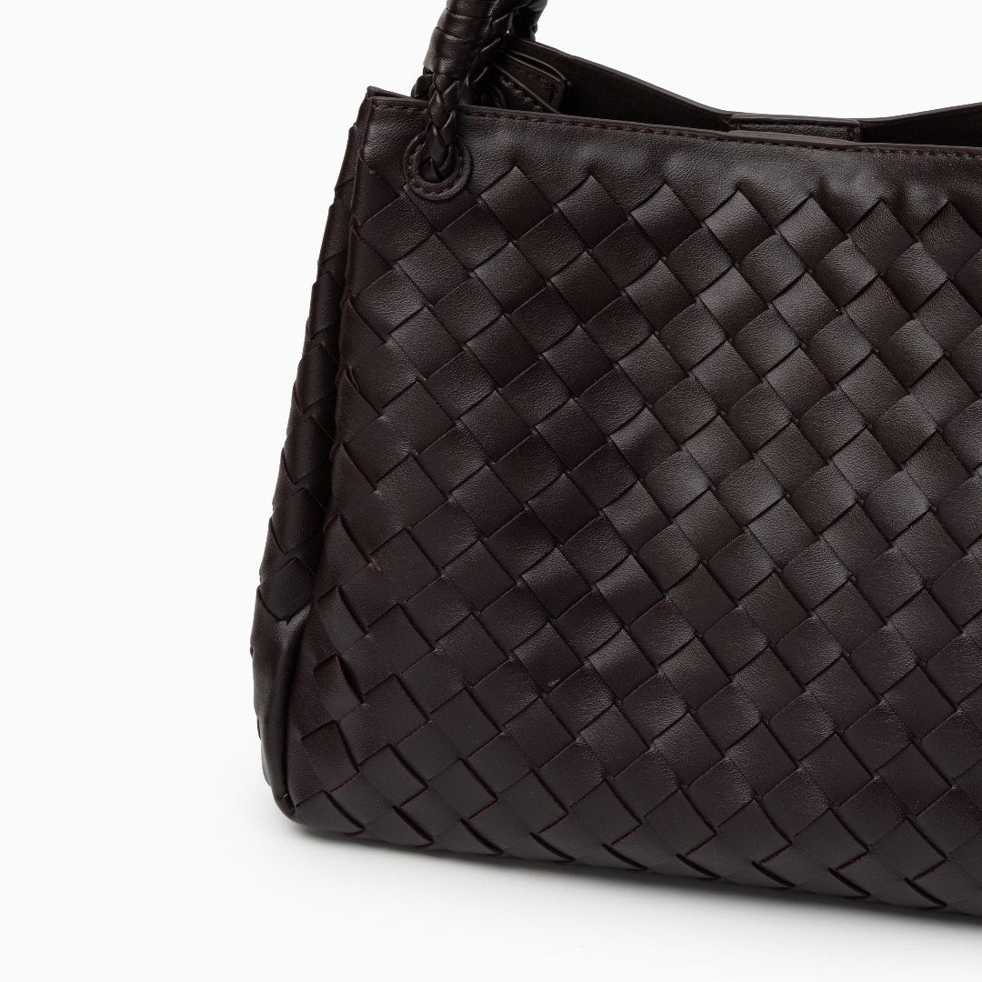 Monaco Woven Tote Bag with Braided Handle and Gold Accent – Luxury Designer Handbag - in Dark Brown | Arvea Bags