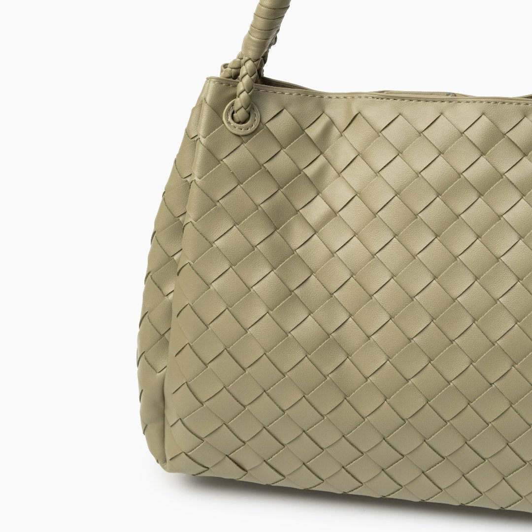 Monaco Woven Tote Bag with Braided Handle and Gold Accent – Luxury Designer Handbag - in Green | Arvea Bags