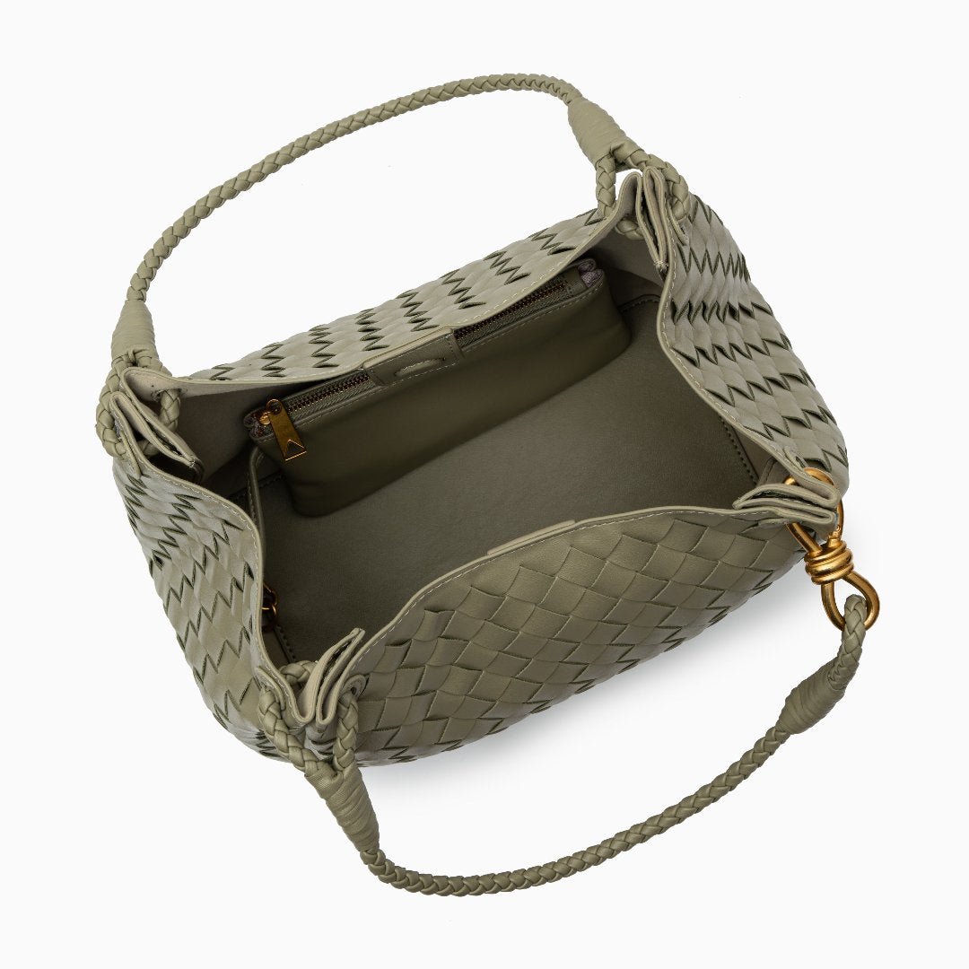 Monaco Woven Tote Bag with Braided Handle and Gold Accent – Luxury Designer Handbag - in Green | Arvea Bags