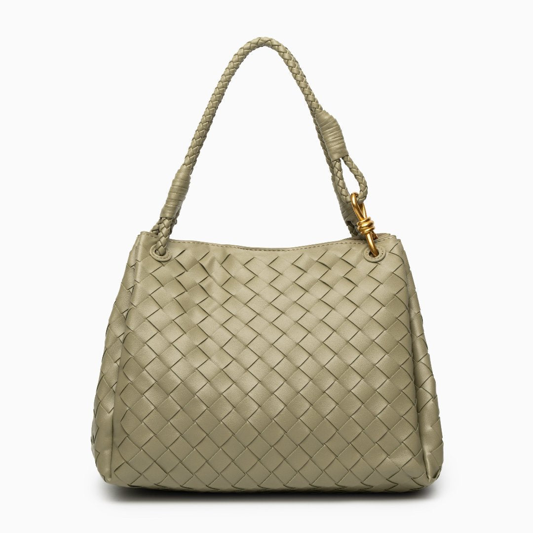 Monaco Woven Tote Bag with Braided Handle and Gold Accent – Luxury Designer Handbag - in Green | Arvea Bags