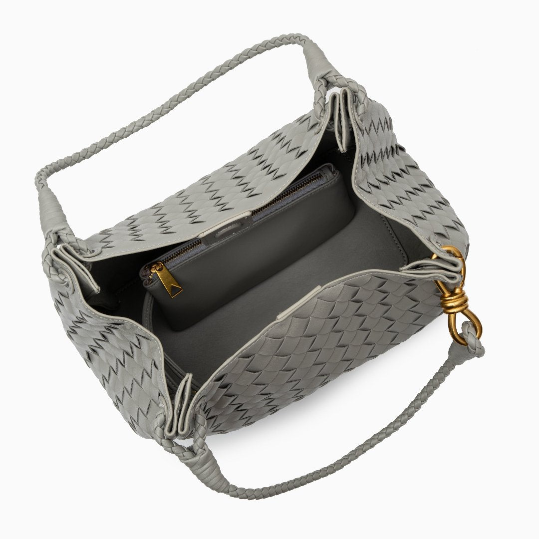 Monaco Woven Tote Bag with Braided Handle and Gold Accent – Luxury Designer Handbag - in Grey | Arvea Bags