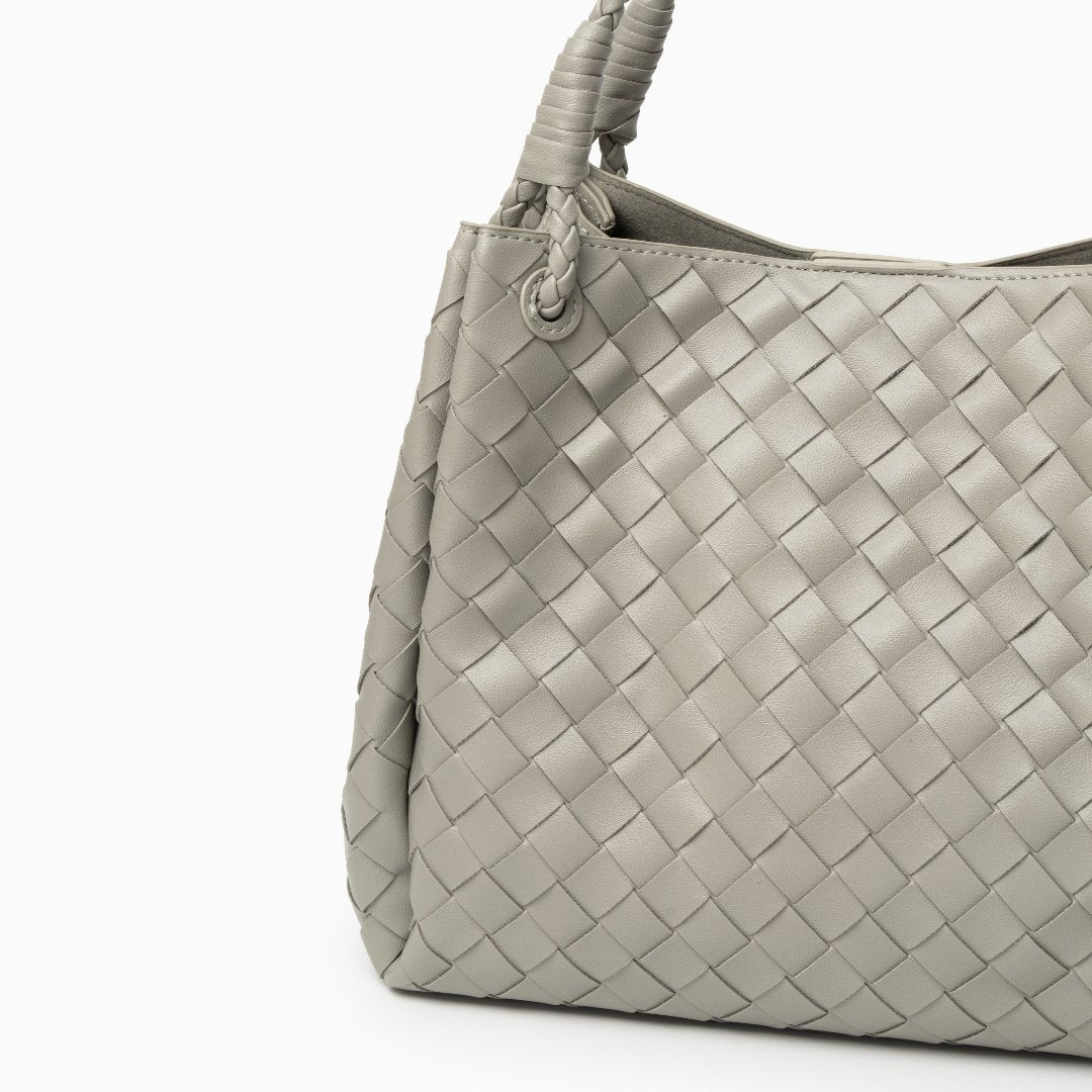 Monaco Woven Tote Bag with Braided Handle and Gold Accent – Luxury Designer Handbag - in Grey | Arvea Bags