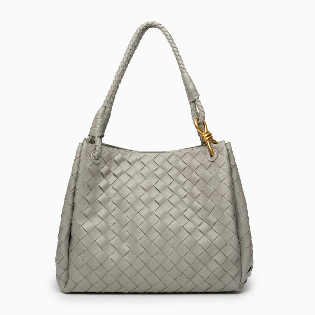 Monaco Woven Tote Bag with Braided Handle and Gold Accent – Luxury Designer Handbag - in Grey | Arvea Bags