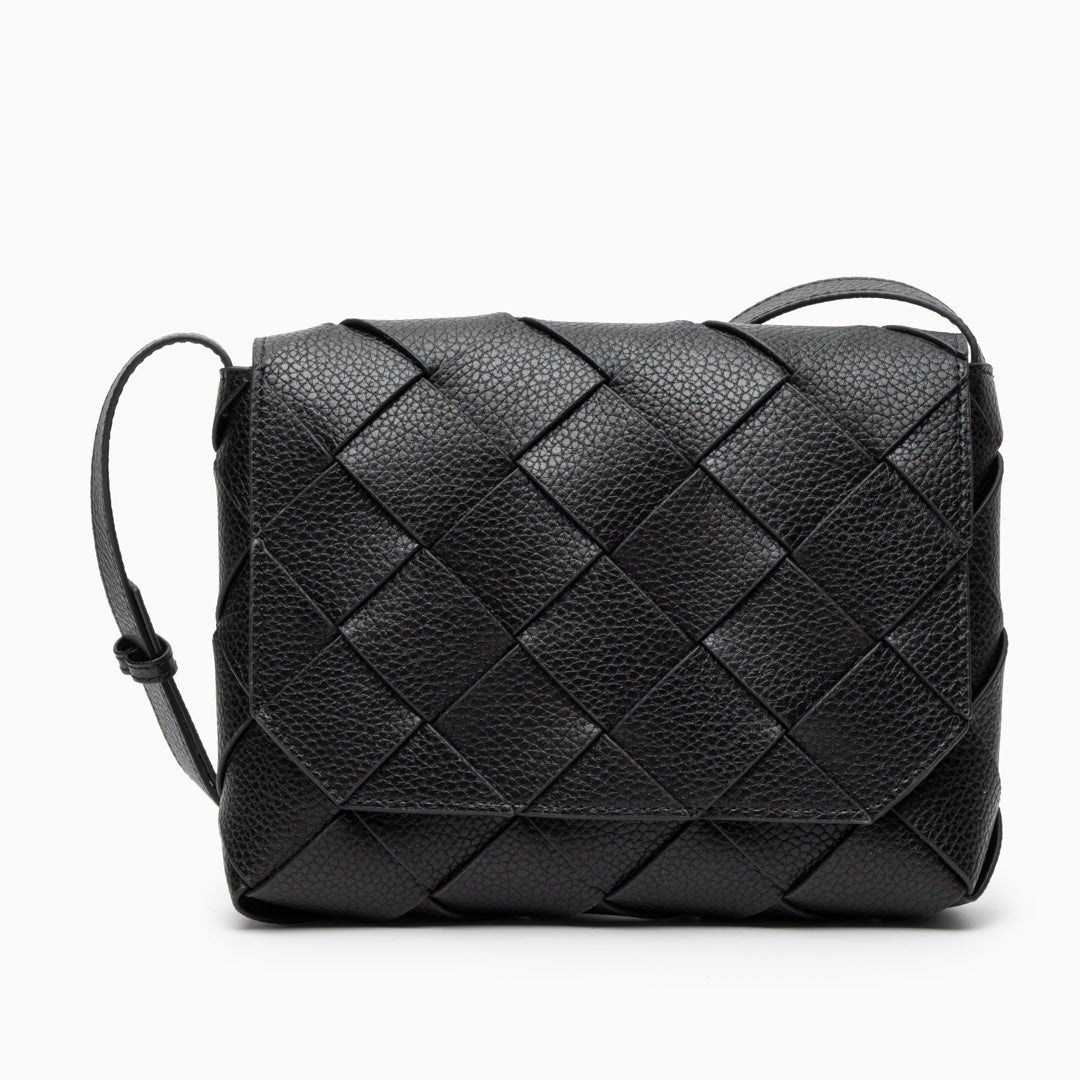Monte Carlo Woven Leather - Look Crossbody Bag – Modern Structured Flap Bag for Women - in Black | Arvea Bags