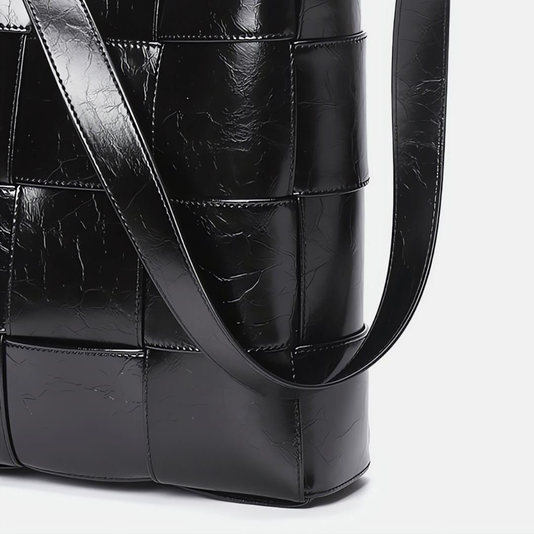 Natalie Glossy Woven Shoulder Bag – Structured Designer Bucket Tote for Women - in Black | Arvea Bags