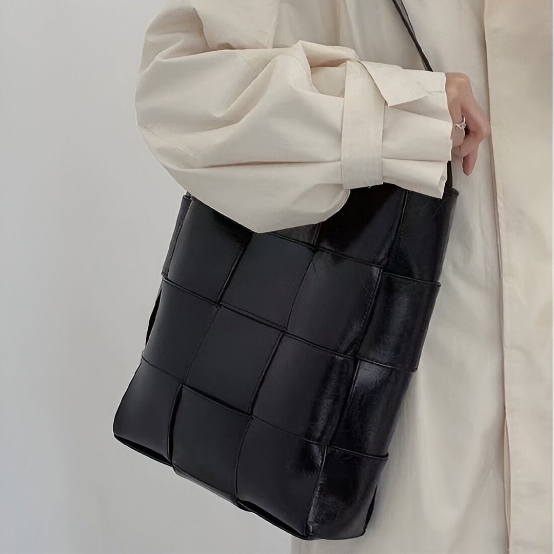 Natalie Glossy Woven Shoulder Bag – Structured Designer Bucket Tote for Women - in Black | Arvea Bags