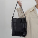 Natalie Glossy Woven Shoulder Bag – Structured Designer Bucket Tote for Women - in Black | Arvea Bags