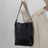 Natalie Glossy Woven Shoulder Bag – Structured Designer Bucket Tote for Women - in Black | Arvea Bags