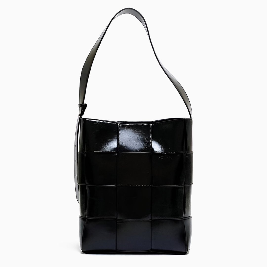 Natalie Glossy Woven Shoulder Bag – Structured Designer Bucket Tote for Women - in Black | Arvea Bags