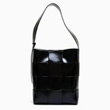 Natalie Glossy Woven Shoulder Bag – Structured Designer Bucket Tote for Women - in Black | Arvea Bags