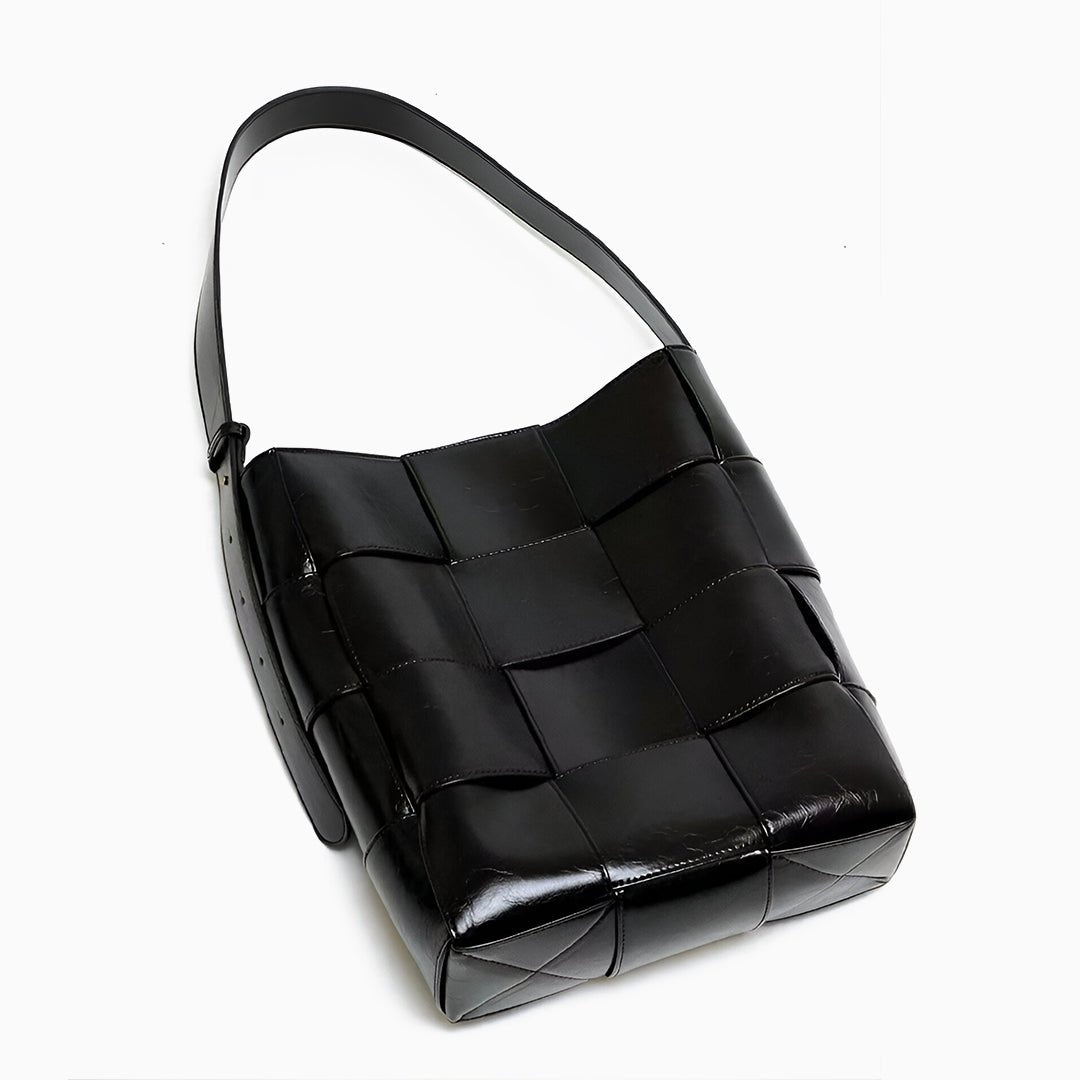 Natalie Glossy Woven Shoulder Bag – Structured Designer Bucket Tote for Women - in Black | Arvea Bags