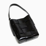 Natalie Glossy Woven Shoulder Bag – Structured Designer Bucket Tote for Women - in Black | Arvea Bags